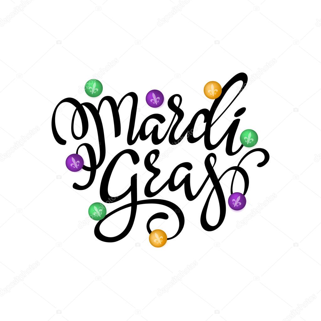 Happy Mardi Gras greeting card with Fleur-de-lis royal symbol and calligraphic lettering text design.