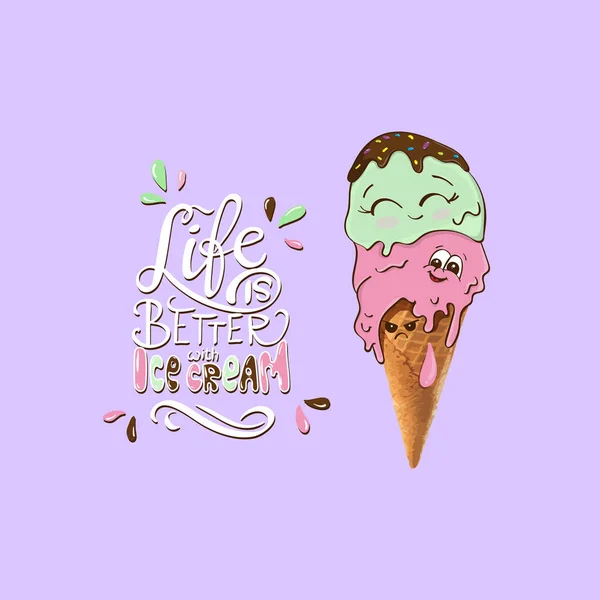 Життя краще з морозивом. мультфільм смішний милий символ морозива гасло принт . — стоковий вектор
