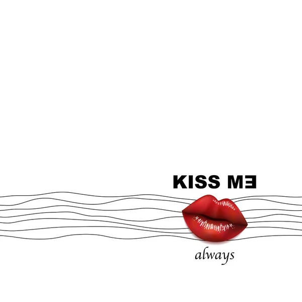 Her zaman öp beni. Moda tipografi sloganı gerçekçi 3d dudakları ile yazdırma. — Stok Vektör