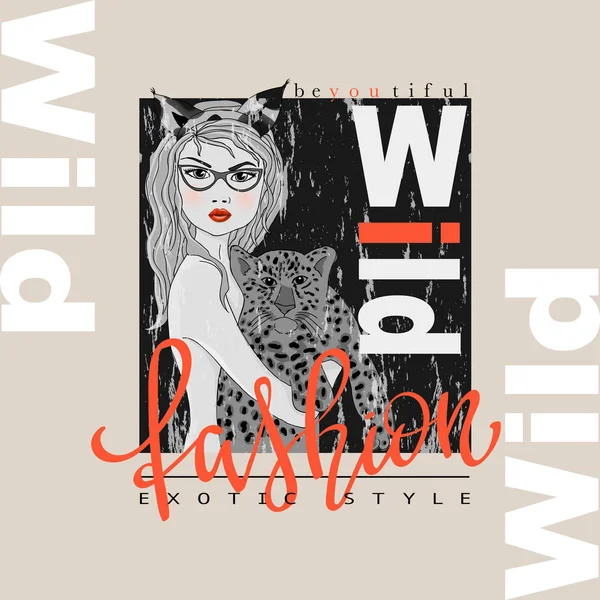 Мода слоган печати с BW девушка и леопард . — стоковый вектор