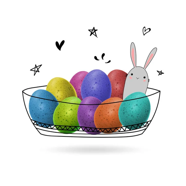 Multicolored Eggs With doodle Easrer Bunny — Stock Photo, Image