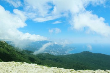 Yaz dağları yeşil çimenler ve mavi gökyüzü manzarası