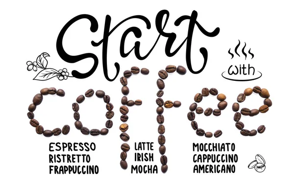レタリングと落書きでコーヒー豆で作られた創造的なレイアウト — ストック写真