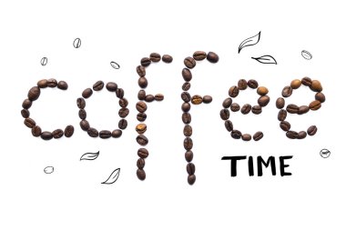 Yazı ve Doodle ile kahve çekirdekleri yapılmış yaratıcı düzeni