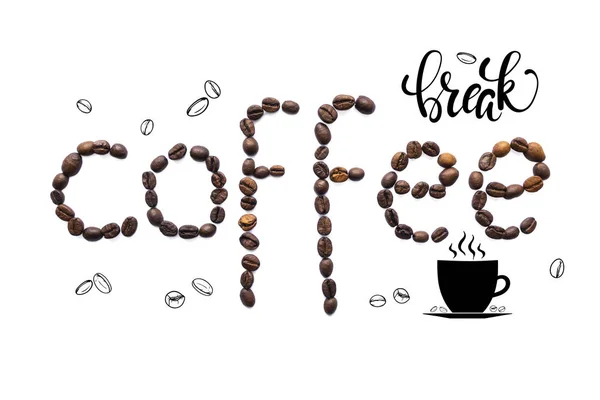 Layout criativo feito de grãos de café com letras e doodle — Fotografia de Stock