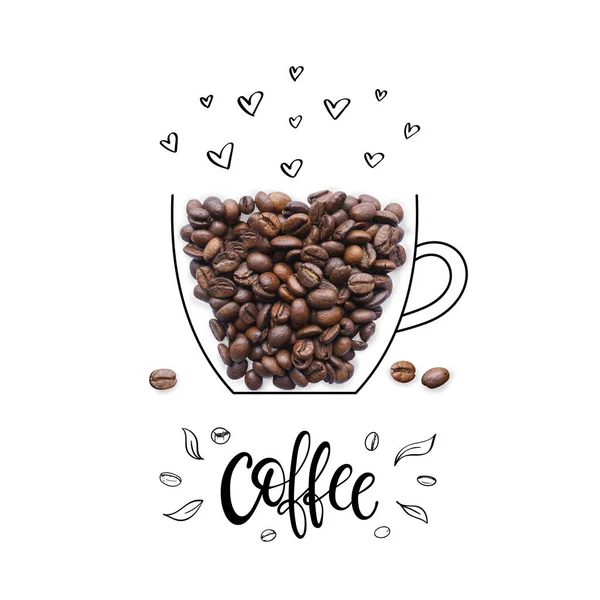 Kreatives Layout aus Kaffeebohnen mit Schriftzug — Stockfoto