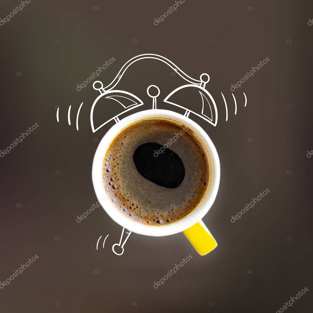 Creative idea layout coffe cup alarm clock on pastel brown background. Creative minimal business concept. Advertising marketing communications. From top view