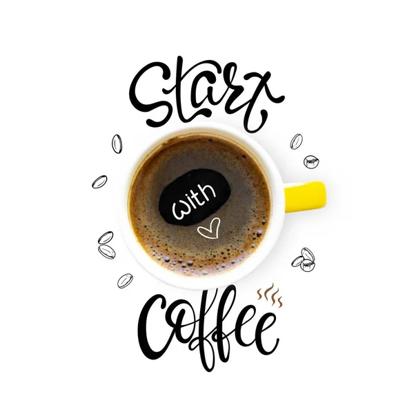 Layout criativo feito de xícara de café com letras e doodle — Fotografia de Stock