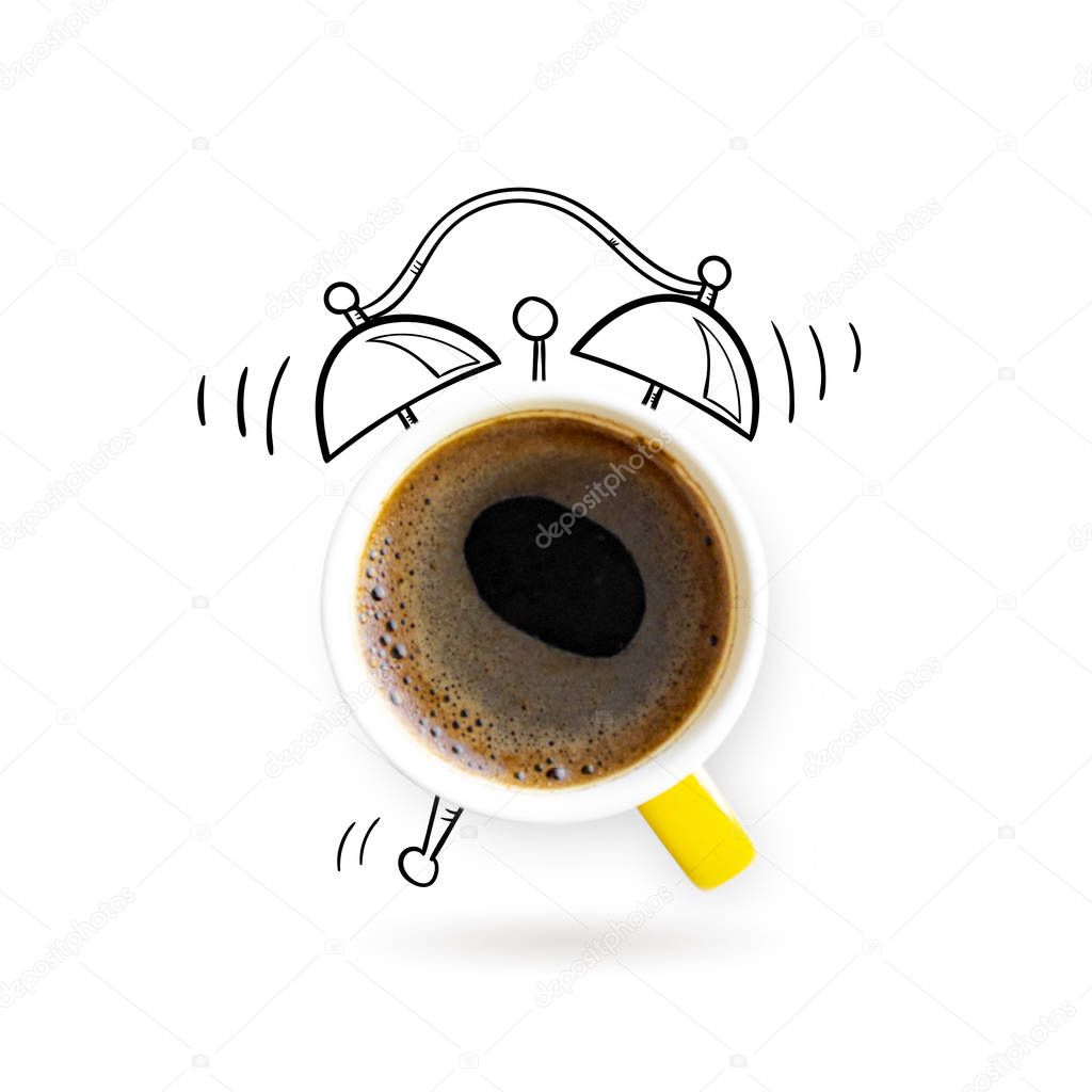 Creative idea layout coffe cup alarm clock on white background. Creative minimal business concept. Advertising marketing communications. From top view