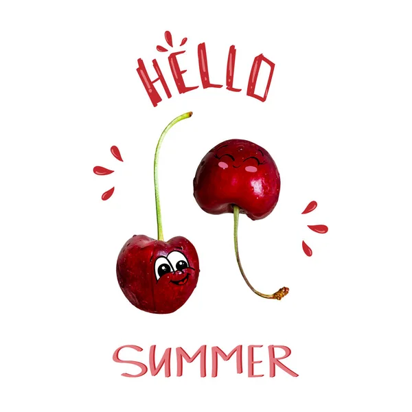 Hello Summer. Typography slogan print with cute Cherry