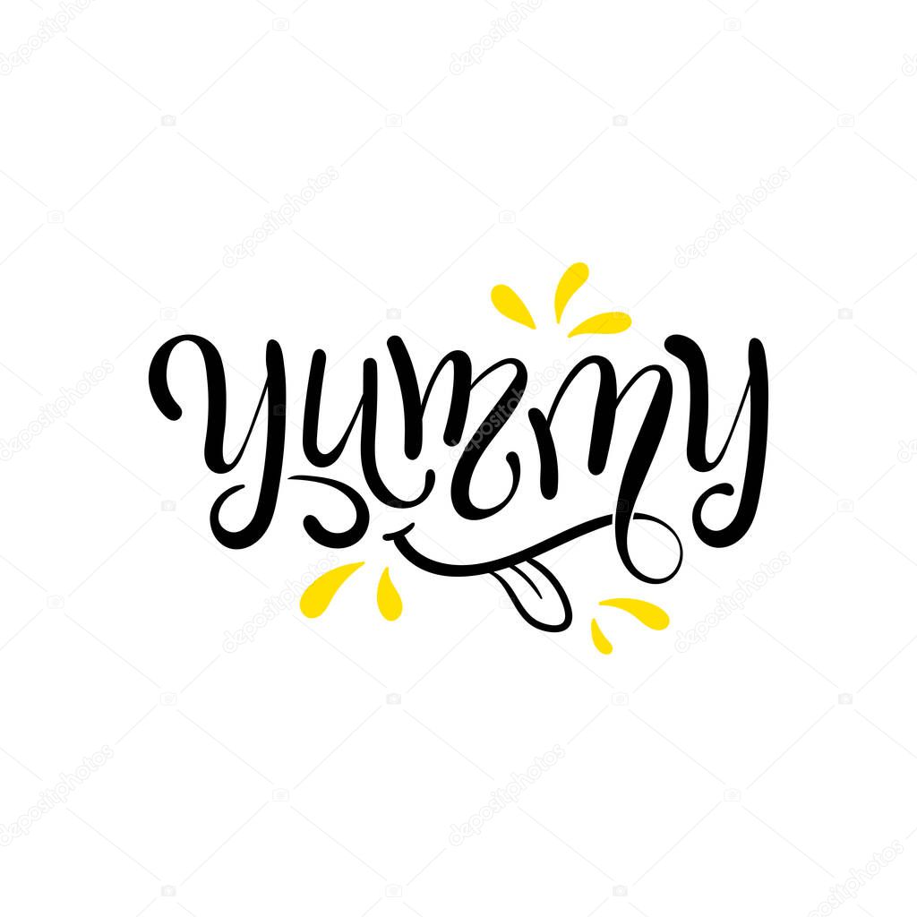 Yum. Yummy word. Vector lettering. Printable graphic tee. Design doodle for print on tee, shirt, hoody, poster, scrap booking, greeting cards, textiles, gifts