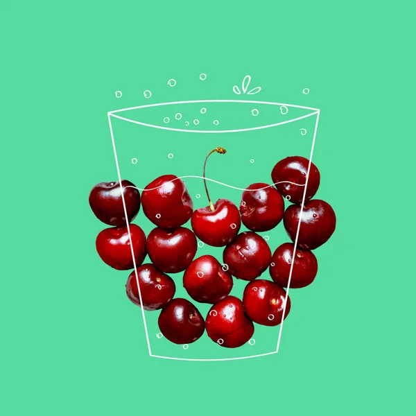 fresh cherry and cartoon doodle drawing glass