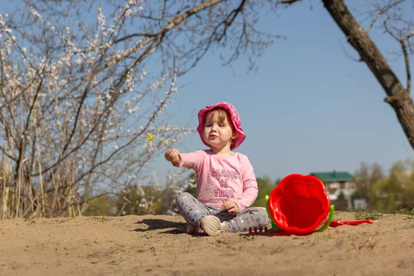 Portrait Cute Baby Girl Yellow Flower Her Hand — Stock Photo, Image