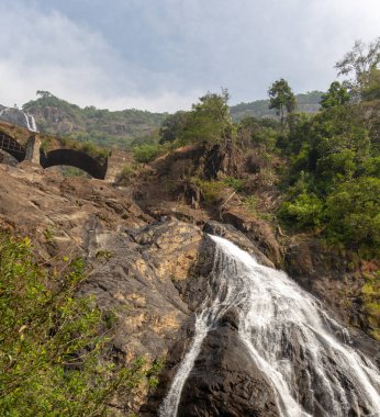 Dudhsagar şelalesinin arka planında Mandovi nehri üzerindeki demiryolu köprüsü