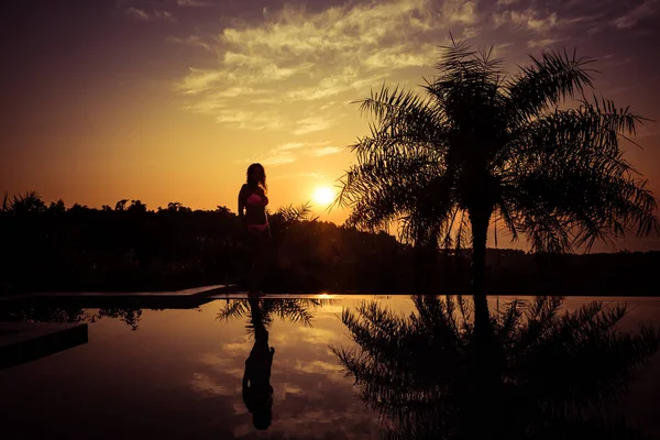 Retrato de una joven de pie contra una hermosa puesta de sol — Foto de Stock