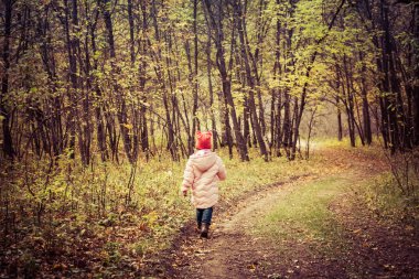 Küçük bebek sonbahar ormanda yürüyüş
