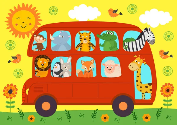 Divertente London Bus Con Animali Illustrazione Vettoriale Eps — Vettoriale Stock