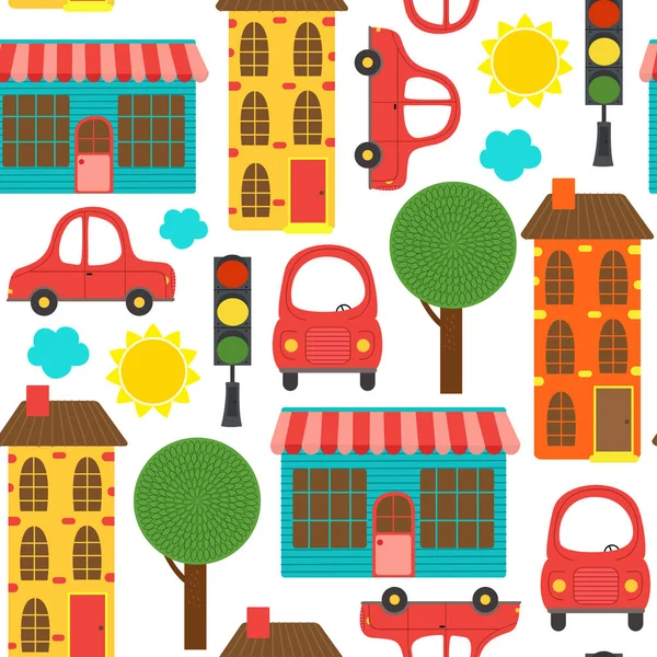 seamless pattern with houses and cars - vector illustration, eps