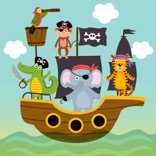 Bateau Avec Des Pirates Animaux Nage Sur Mer Illustration Vectorielle — Image vectorielle