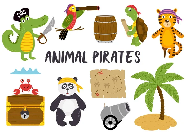 Conjunto Animais Isolados Piratas Outros Elementos Parte Ilustração Vetorial Eps — Vetor de Stock