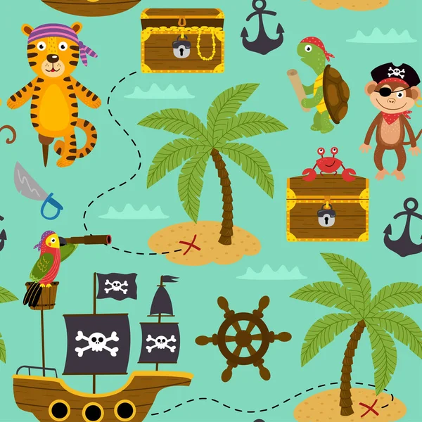 Mapa Padrão Sem Costura Tesouros Com Animais Piratas Ilustração Vetorial — Vetor de Stock