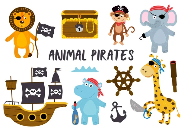 Conjunto Animales Aislados Piratas Otros Elementos Parte Ilustración Vectorial Eps — Vector de stock