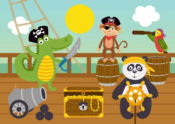 Divertenti Pirati Animali Sul Ponte Della Nave Illustrazione Vettoriale Eps — Vettoriale Stock