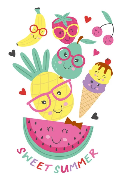 Poster Mit Süßem Eis Und Früchten Vektorillustration Eps — Stockvektor