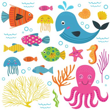 deniz hayvanları Bölüm 1 - vektör çizim, eps ile izole kümesi