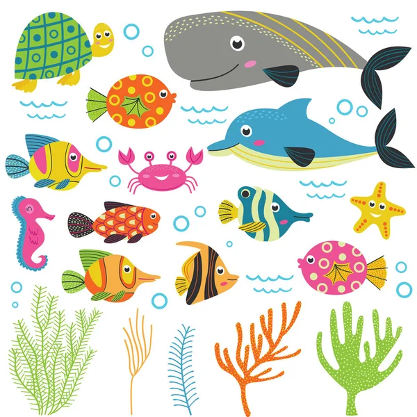 Conjunto Aislado Con Animales Marinos Parte Ilustración Vectorial Eps — Vector de stock