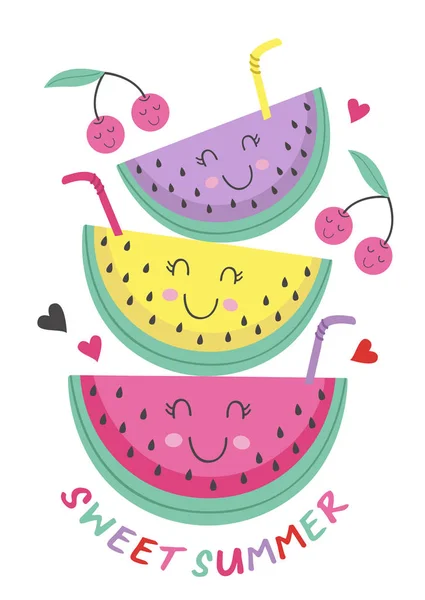 Poster Mit Süßer Wassermelone Vektorillustration Eps — Stockvektor