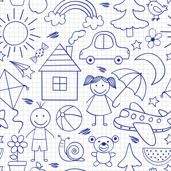 Padrão Sem Costura Com Desenhos Crianças Cor Azul Ilustração Vetorial — Vetor de Stock
