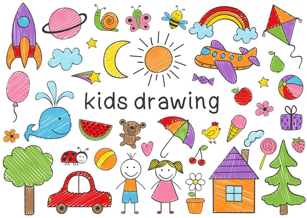 Set Isolated Colored Kids Drawing Vector Illustration Eps — Stock Vector