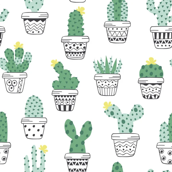 Modello Senza Cuciture Con Cactus Vasi Stile Scandinavo Vettoriale Illustrazione — Vettoriale Stock