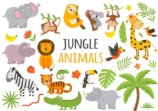 Conjunto Animais Selva Isolados Plantas Tropicais Ilustração Vetorial Eps — Vetor de Stock