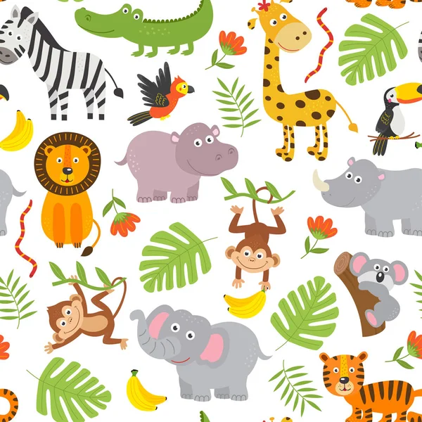 Ζώα Της Ζούγκλας Χωρίς Ραφή Πρότυπο Άσπρο Φόντο Εικονογράφηση Διάνυσμα — Διανυσματικό Αρχείο