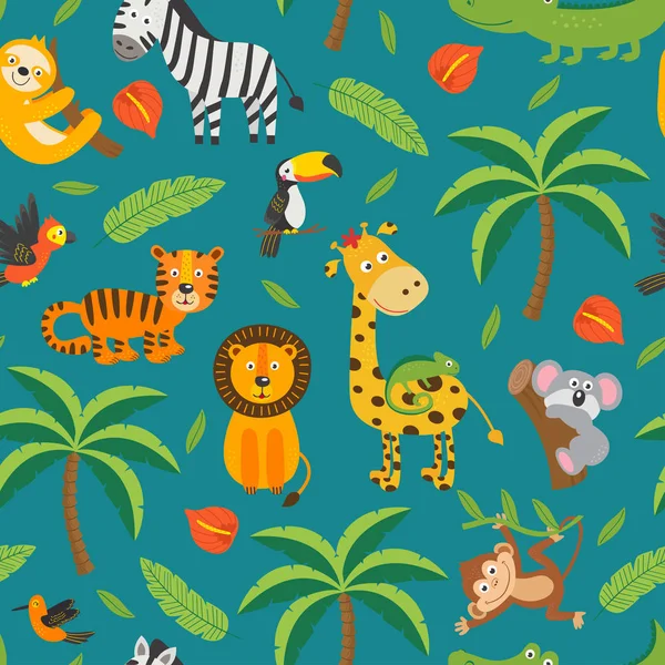 Naadloze Patroon Met Jungle Dieren Tropische Planten Vectorillustratie Eps — Stockvector