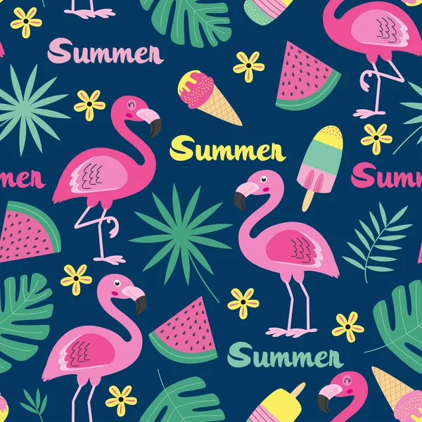 Nahtloses Muster Mit Flamingo Eis Wassermelone Tropischem Blatt Vektorillustration Eps — Stockvektor