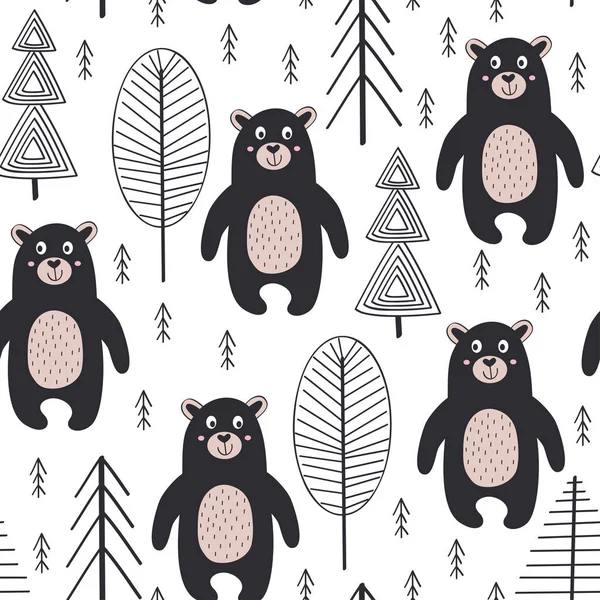 Padrão Sem Costura Com Urso Floresta Estilo Escandinavo Ilustração Vetorial —  Vetores de Stock