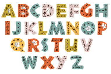 Dekoratif renkli orman alfabesinde İskandinav tarzı - vektör çizim, eps