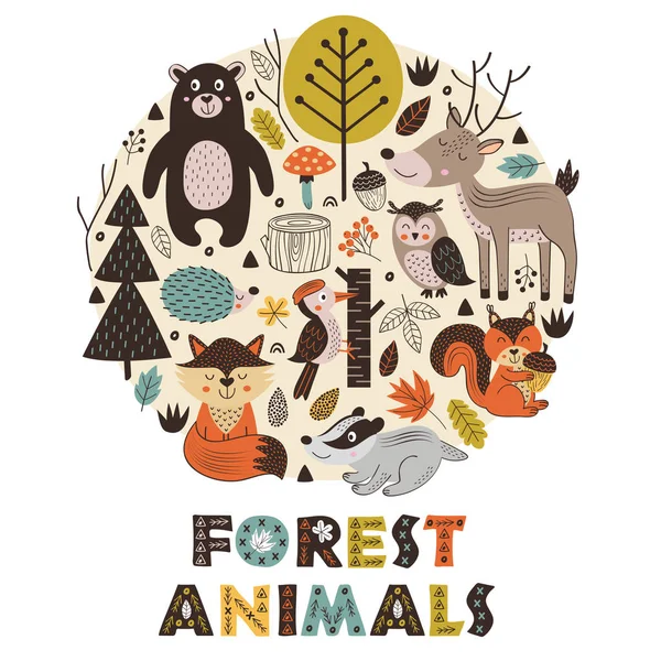 Ζώα Του Δάσους Κύκλο Σκανδιναβικό Στυλ Εικονογράφηση Διάνυσμα Eps — Διανυσματικό Αρχείο