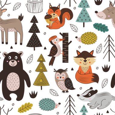 Beyaz arka planda İskandinav tarzı - vektör çizim, eps orman hayvanları ile Seamless modeli
