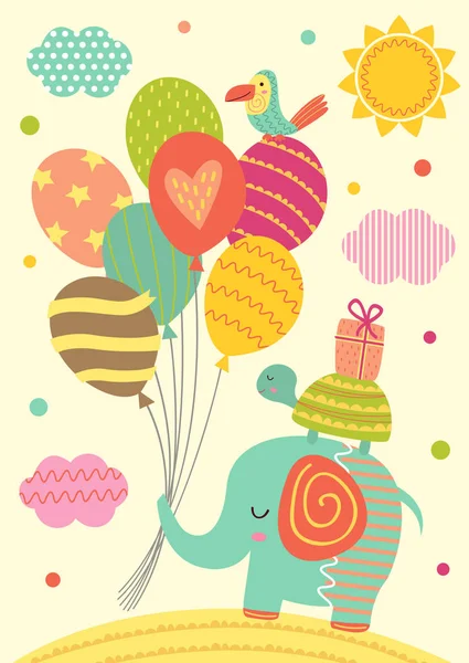 Éléphant Tortue Perroquet Avec Ballons Illustration Vectorielle Eps — Image vectorielle