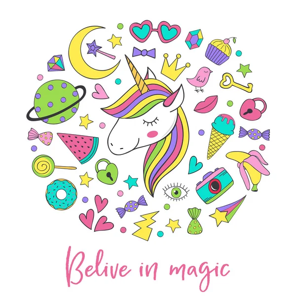 Adesivi Magici Unicorno Raccolta Carino Illustrazione Vettoriale Eps — Vettoriale Stock
