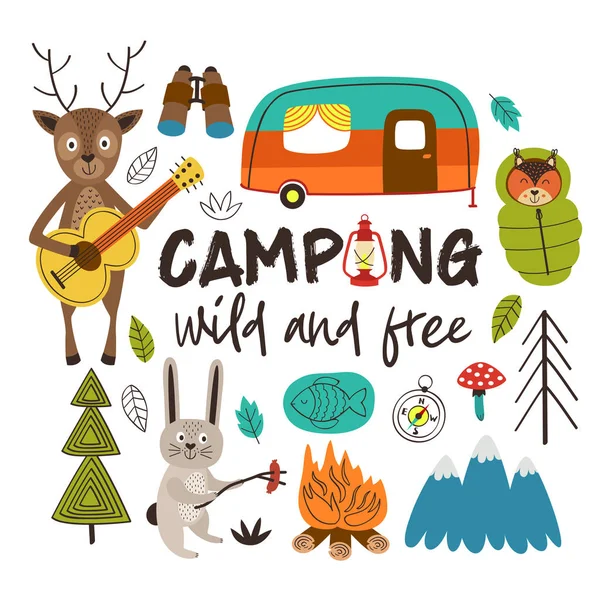 Campeggio Con Animali Nella Foresta Illustrazione Vettoriale — Vettoriale Stock