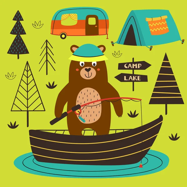 Orso Poster Pesca Sul Lago Illustrazione Vettoriale Eps — Vettoriale Stock