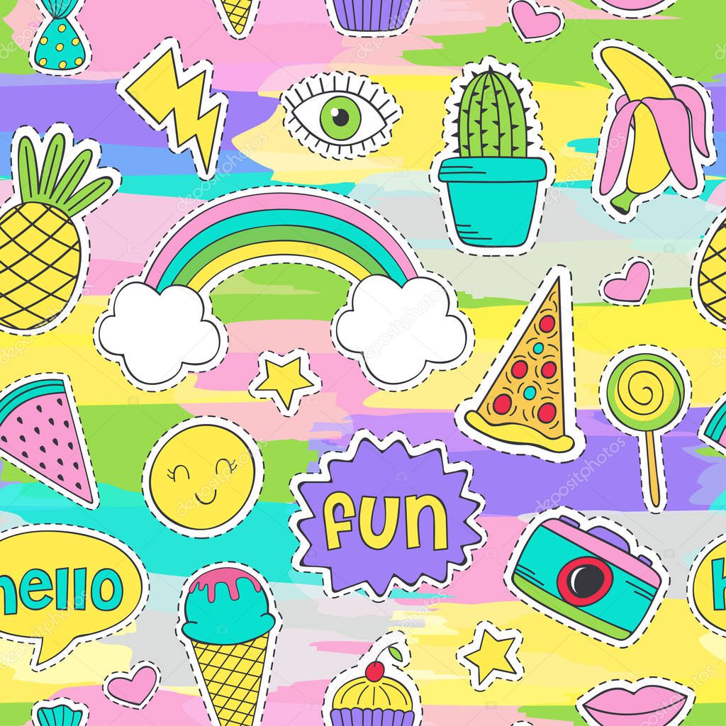 colorful seamless pattern with funny stickers - vector illustration, eps