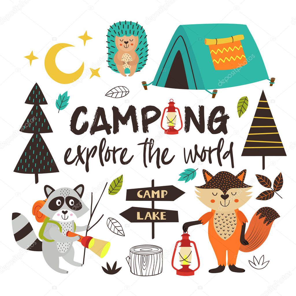 camping animals explore  the world - vector illustration, eps