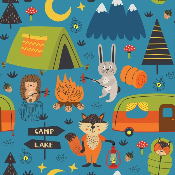 Camping Seamless Pattern Animals Forest Night Vector Illustration Eps — Stock Vector