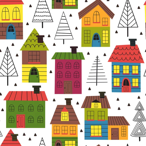 seamless pattern with houses and spruces - vector illustration, eps